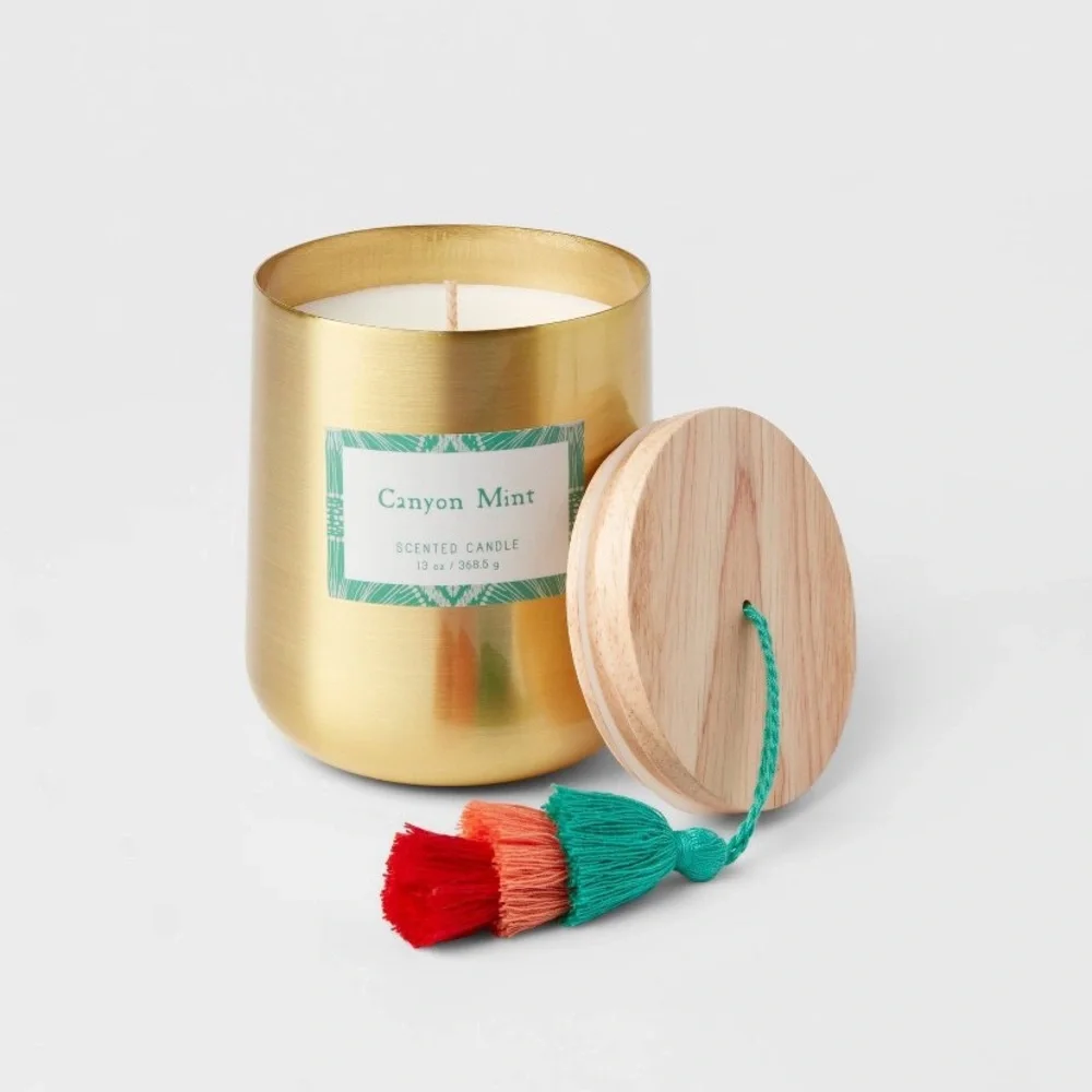 OPALHOUSE NEW 13 Oz global lidded metal/wood tassel-canyon mint-55 hr burn time